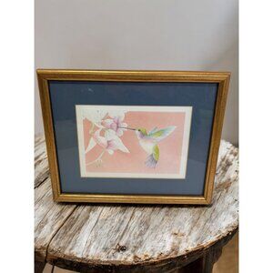 Framed Hummingbird & Flowers Print Artwork Embossed paper In Gold Wooden Frame 1